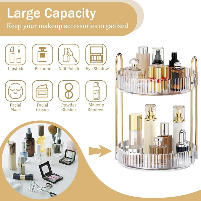 MOKANI 360 Rotating Makeup Organizer for Vanity, 2 Tier Perfume Organizer | Adjustable Multi-Function Spinning Cosmetics Skincare Storage for Bedroom, Dresser, Countertop, Clear