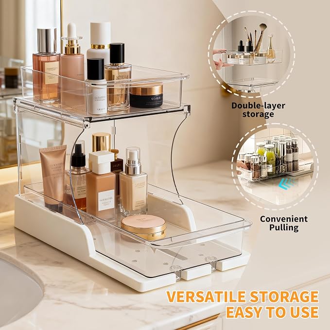 Jsyrjing Pull Out 2 Tier Organizer for Kitchen Bathroom and Cabinet Storage Rotating Pantry Rack Under Sink Organizer Clear and Durable Design 1 Pack