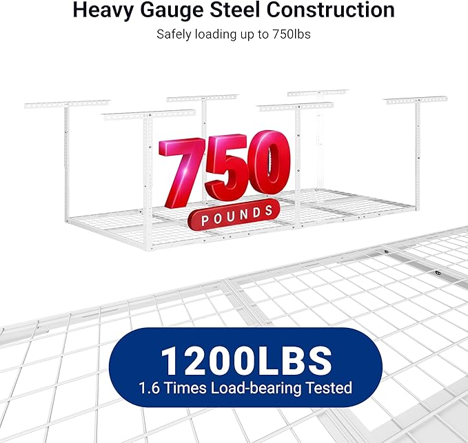 FLEXIMOUNTS 3x8 Overhead Garage Ceiling Storage Rack, 2 Pack, White | 750lbs Weight Capacity, 22"-40" Adjustable Organization System, Heavy-Duty Metal Ceiling Racks, Classic Series