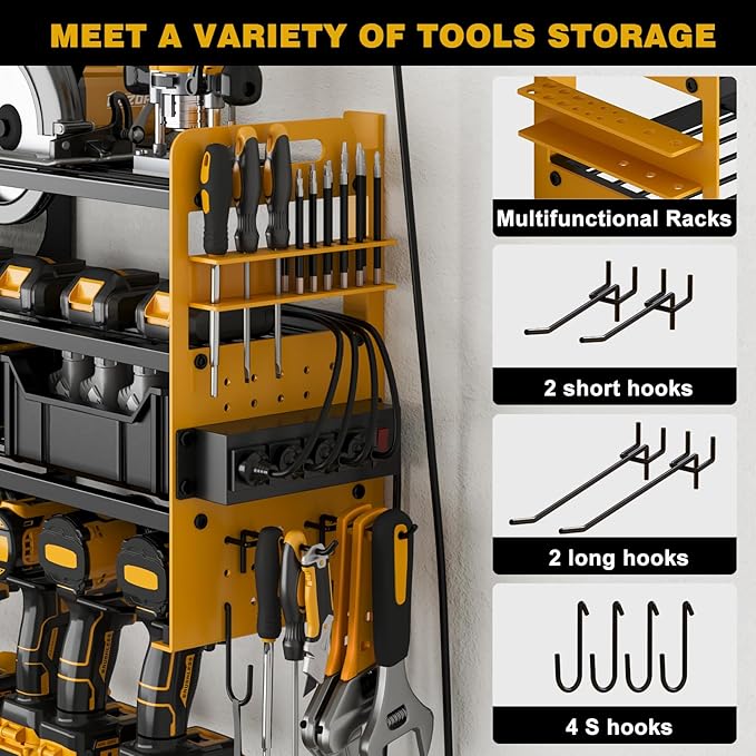 Power Tool Organizer Wall Mount, 12-Drill 4-Tier Charging Station, Yellow | Heavy-duty 4-Tier Metal Rack Stores 12 Drills; Side Pegboards and Screwdriver Slots Add Storage, Plus a 4-Outlet Power Strip