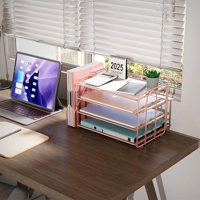 gianotter 4-Tier Paper Organizer With Magazine Holder, Desk Organizers and Accessories, Desk Accessories & Workspace Organizers, File Organizer for Office Supplies Storag (Rose Gold, 4-Tier)