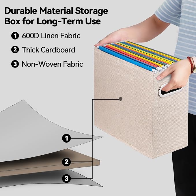 8 Pack Letter Size File Storage Box Collapsible，Fabric Hanging File Folders Organizer, Portable Office Document Holder with Metal Handle, Smooth PVC Rails, Beige