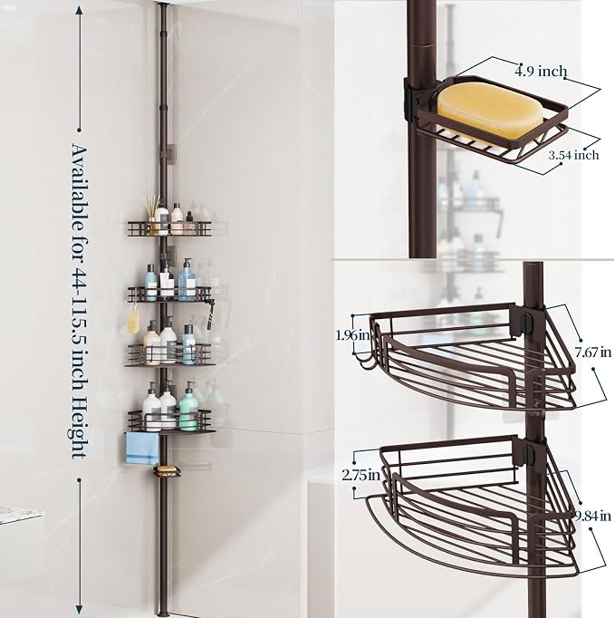 Consumest Corner Shower Caddy Tension Pole - Rustproof Shower Shelves with Towel Bar & Soap Holder, Adjustable Bath Organizer for Bathroom Storage, 27.6-108.3 inch, Bronze