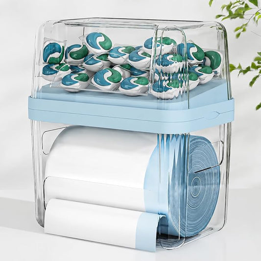 2-in-1 Trash Bag Holder Laundry & Dishwasher Pods Container,Garbage Bag Dispenser with Removable Lids,Kitchen Organizer and Under Sink Storage Box (Blue)