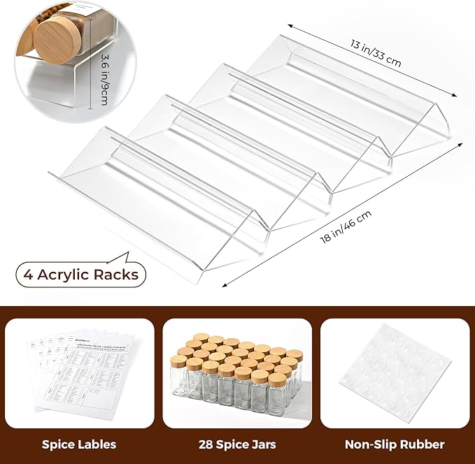 Acrylic Spice Drawer Organizer with 28 Spice Jars and 216 Labels,Non-slip Rubber, 4 Tier Spice Racks Tray Seasoning Containers for Kitchen Drawers,Cabinets,Countertops,13" Wide * 18" Deep
