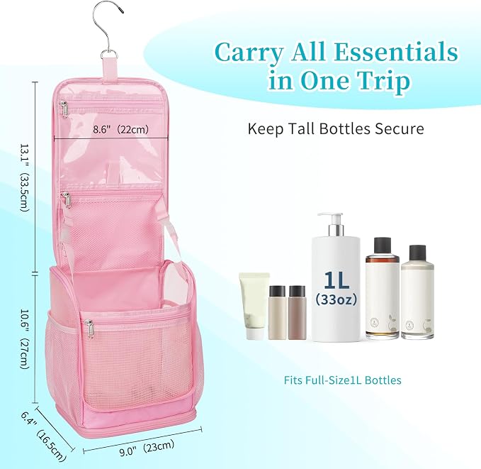 Mesh Shower Caddy Portable, Toiletry Bags for Travel, Hanging Shower Organizer Tote Bag for College Dorm Students Girls Boys, Dry and Wet Separation with Metal Hook - Pink