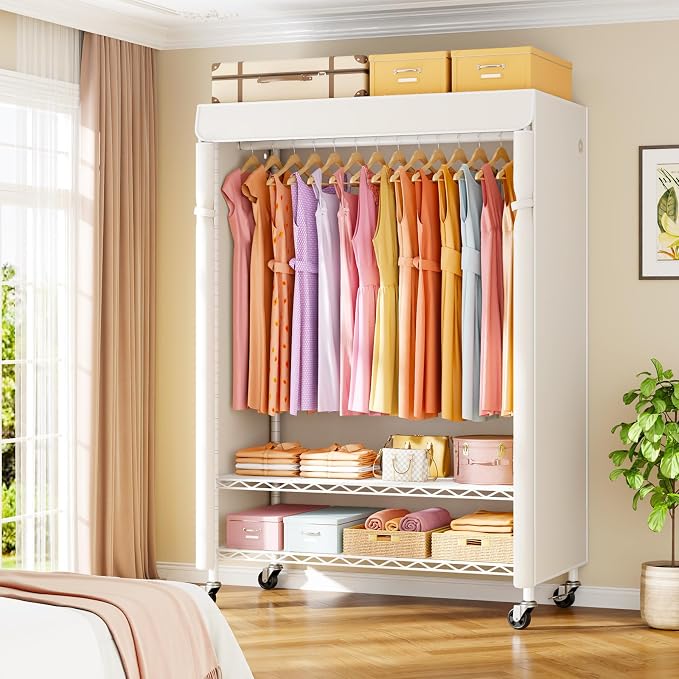 P6C Plus Rolling Clothes Rack with Cover, Covered Clothing Rack | Portable Closets for Hanging Clothes, Heavy Duty Garment Rack on Wheels, White Closet Rack with White Cover, Max Load 375LBS