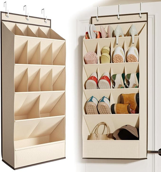 Mefirt Over the Door Shoe Rack for Closet Fit 18+ Pairs, Door Shoe Organizer with Large Breathable Pockets, Hanging Shoes Rack Fit Boots, Behind the Door Shoe Holder for Categorized Storage, Beige ﻿