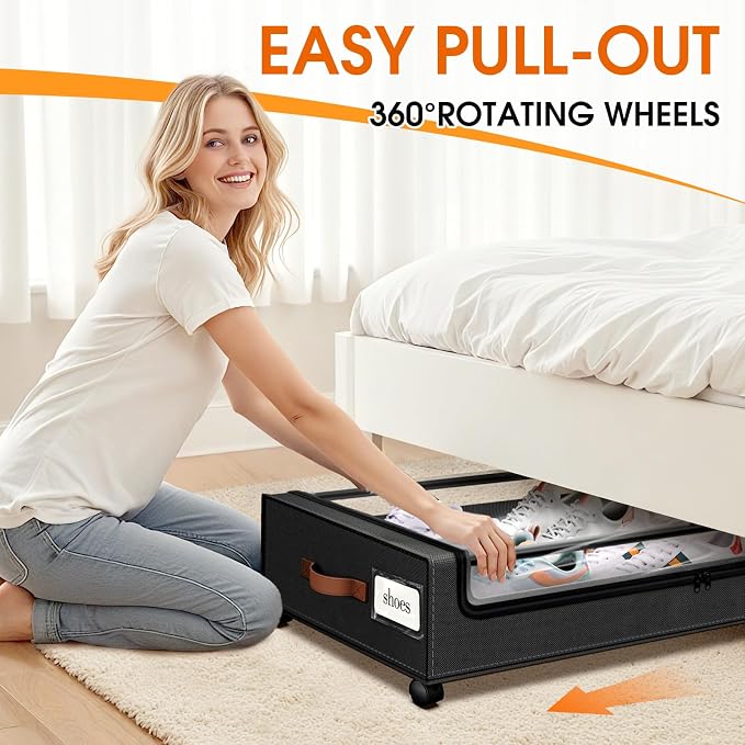 SpaceHacks Under Bed Storage with Wheels 3Pack Storage Containers with Clear Window&Label Under Bed Drawers Rolling Under Bed Storage for Clothes,Shoes, Blankets (30.71 x 16.93 x 6.69 in, Black)