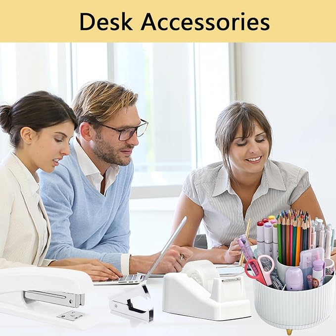Office Supplies,White Desk Accessories,Office Supplies Set,Desk Organizer,Stapler,Tape Dispenser,Scissors,Staple Remover,Binder Clips,Staples,Ballpoint Pen,Index Tabs with Ruler,Clear Tape.10pcs