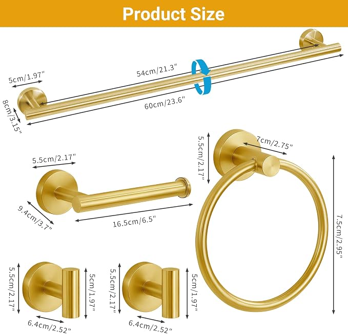 5 Piece Brushed Gold Bathroom Hardware Set, 24 Inch Bathroom Hardware Set Towel Racks for Bathroom, SUS304 Stainless Steel Wall Mounted Bath Towel Bar Set