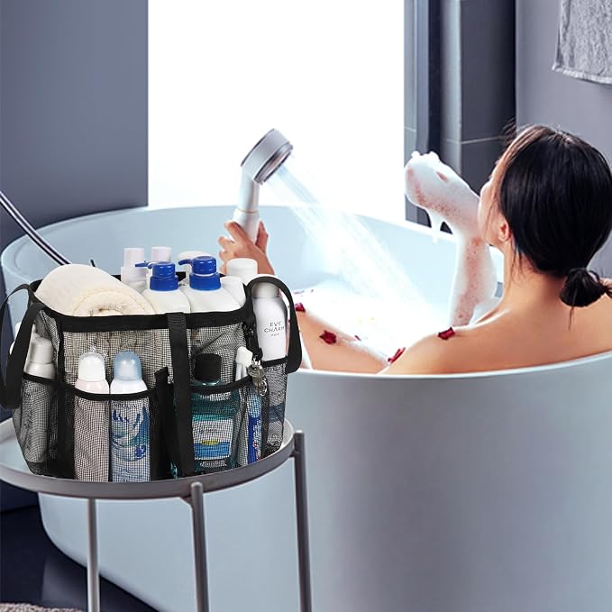 CUBETASTIC Mesh Shower Caddy Portable, Quick Dry Hanging Toiletry Bag for College Dorm Essentials with 4 Pockets/Divider/Plastic Bottom, Travel Tote Bag for Camping, Bathroom, Beach, Swimming, Gym