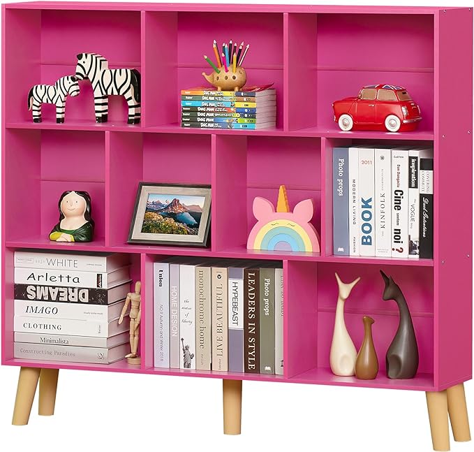 LEYAOYAO 10 Cube Bookshelf, Mid-Century Modern Book Shelf with Legs, Pink | 3 Tier Bookcase, Rustic Wood Bookshelves Freestanding Large Storage Organizer, Open Shelves for Bedroom, Living Room, Office