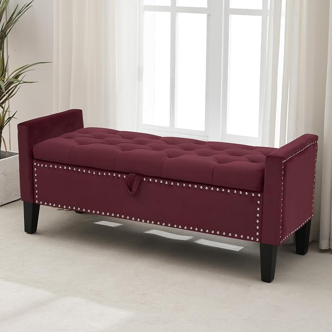 Storage Ottoman Bench, Velvet Upholstered Footstool for Bedroom and Living Room, Frosted Flannel Seat with Storage, Wooden Legs & Metal Rivets, Purple