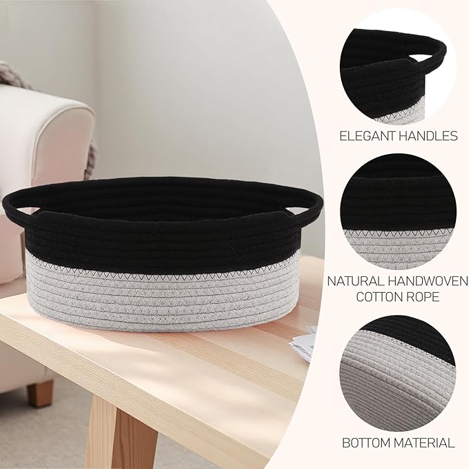 JMvicyroam Small Woven Basket, Empty Gift Basket, Black&Grey/2 Pack | Small Gift Basket, Cotton Rope, 12 x 8 x 79 in, Handles, Includes Ribbon and Bag, Birthday Gift Basket