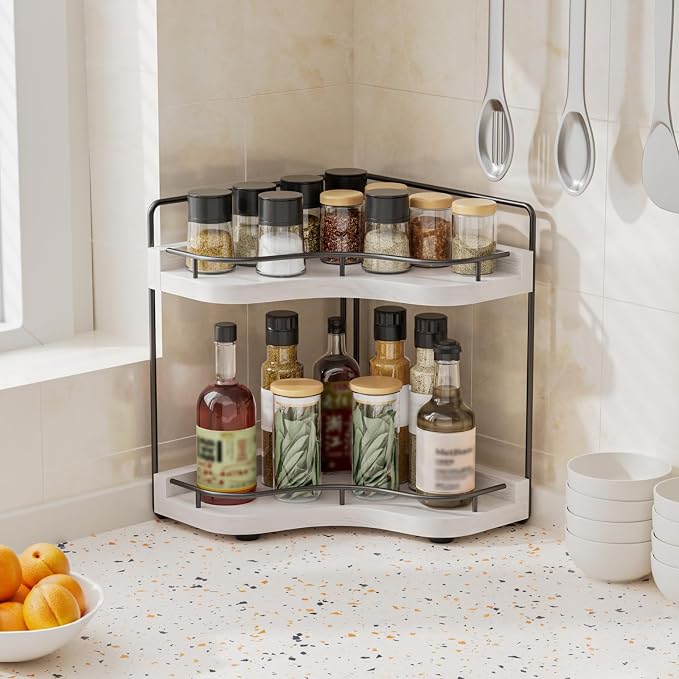 2-Tier Corner Bathroom Counter Organizer, Larger Size | Embedded Screw Holes, Sturdy & Stable, Oversized, Holds More, Vanity Shelf for Makeup & Skincare