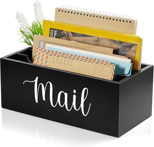 DRASTAR Mail Organizer Countertop, Wooden Mail Holder with 3 Slots, Desktop Mail Organizer, Black Mail Sorter for Home Office Accessories