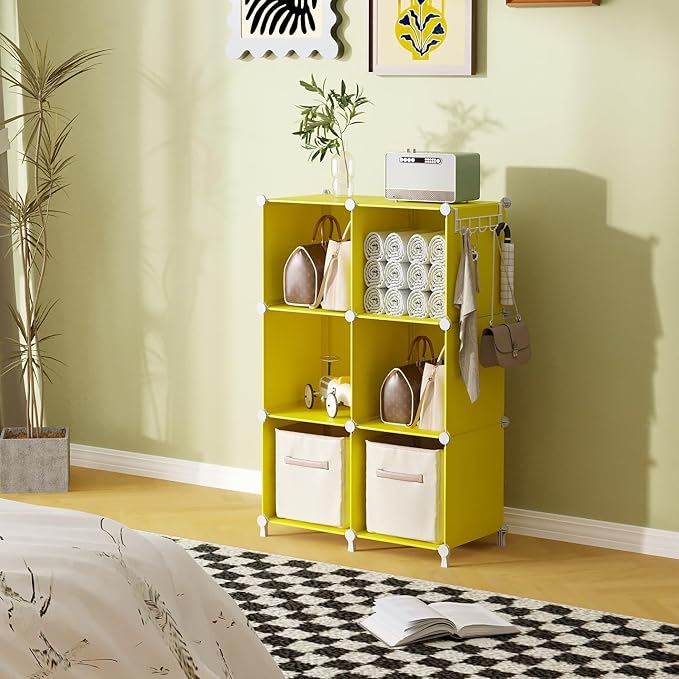 AWTATOS Cube Storage Organizer, 6 Cube Closet Storage Shelves, Yellow | Stackable Storage Cubes Shelf Bookshelf, DIY Portable Closet Organizer, Plastic Clothes Shelving for Bedroom, Home