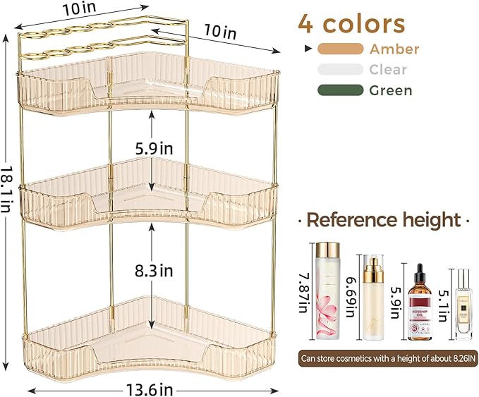 BEFSOP Corner Bathroom Counter Organizer, Upgraded 3-Tier Makeup Organizer Countertop with Makeup Brush Holder, Skincare Exquisite Vanity Organizers Countertop Bathroom Storage Dresser(GOLD)