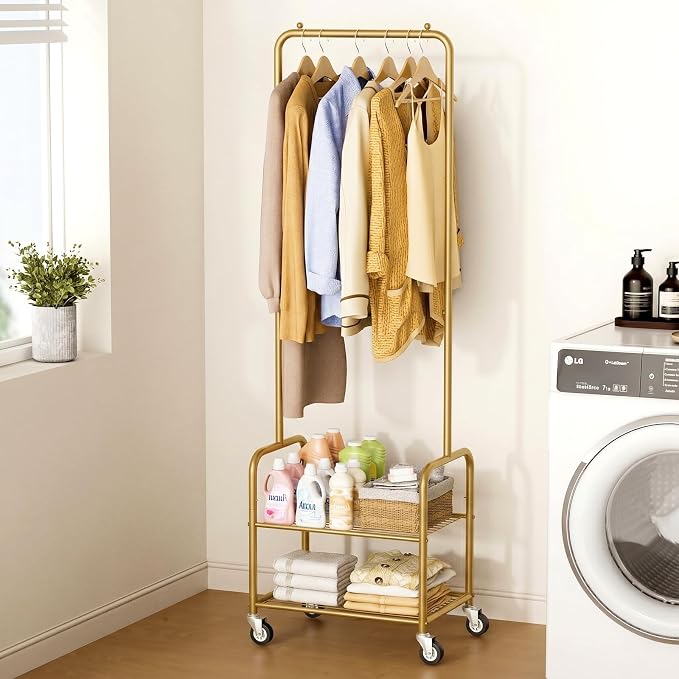 AOODA Small Clothes Rack with Shelves, Metal Sturdy Rolling Clothing Racks for Hanging Clothes, Portable Garment Rack with Wheels for Shirts, Coats, Shoes, Bags (Gold)
