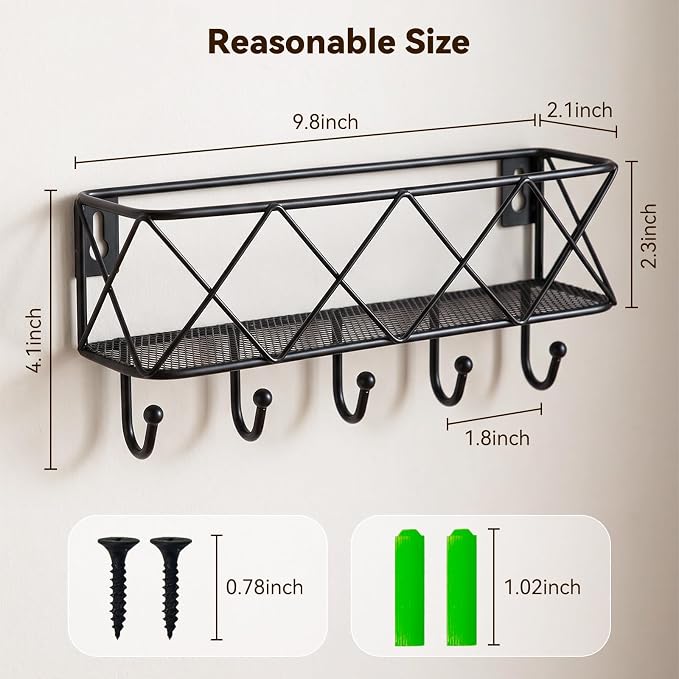 HappyHapi Key Holder Wall Mount, Metal Key Rack, 9.8”Lx2.1”Wx4.1”H | Wall Mounted Key Hooks for Wall with 5 Hooks, Mail Holder for Wall for Entryway, Bedroom, Living Room
