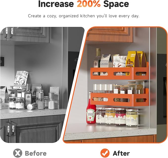 Sevenblue 4-Pack Magnetic Spice Rack for Refrigerator with Hooks, Orange | Strong multipurpose magnetic shelf for kitchen & bathroom organization. Includes 4 removable hooks for hanging items.