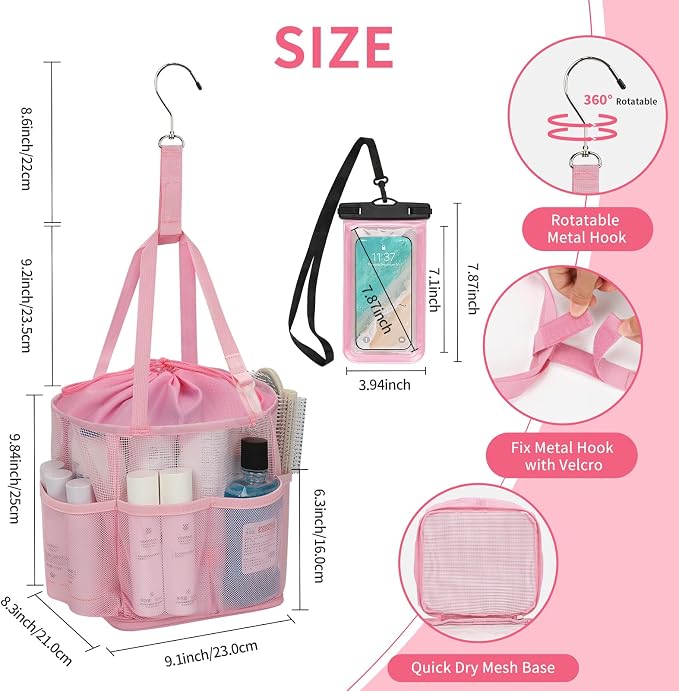 Mesh Shower Caddy Portable for College Dorm Room Essentials, Hanging Shower Caddy with Waterproof Phone Pouch, Large Capacity Shower Bag Basket Tote for Bathroom, Gym, Camping, Swimming, Beach, Pink