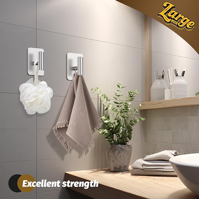 Heavy Duty Adhesive Hooks - 26lb Max, Sticky Wall Hooks Waterproof Stainless Steel for Hanging Towel, Coat, Robe, Towel Hooks Stick on Bathroom, Kitchen, Shower, Door (Silver, 2 Pack)
