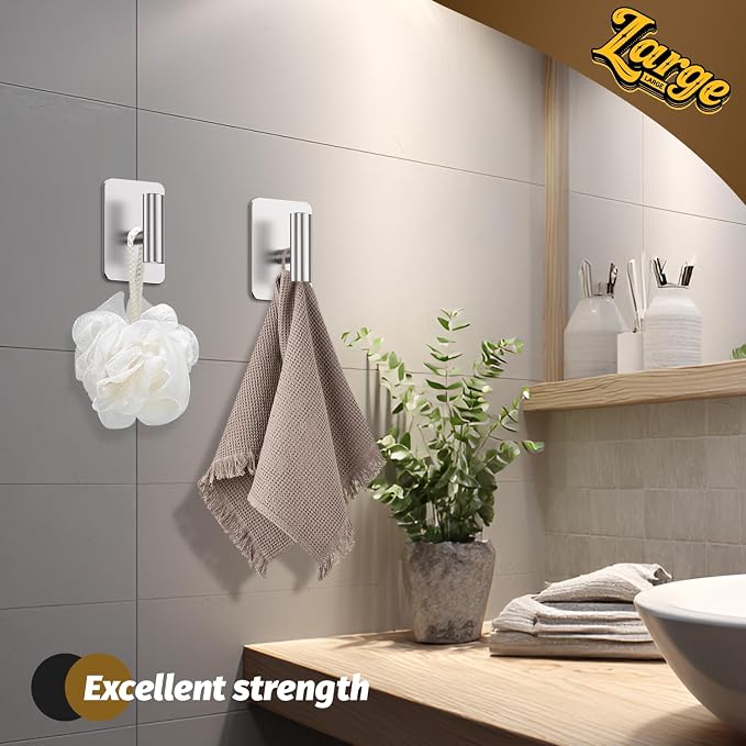 Heavy Duty Adhesive Hooks - 26lb Max, Sticky Wall Hooks Waterproof Stainless Steel for Hanging Towel, Coat, Robe, Towel Hooks Stick on Bathroom, Kitchen, Shower, Door (Silver, 4 Pack)