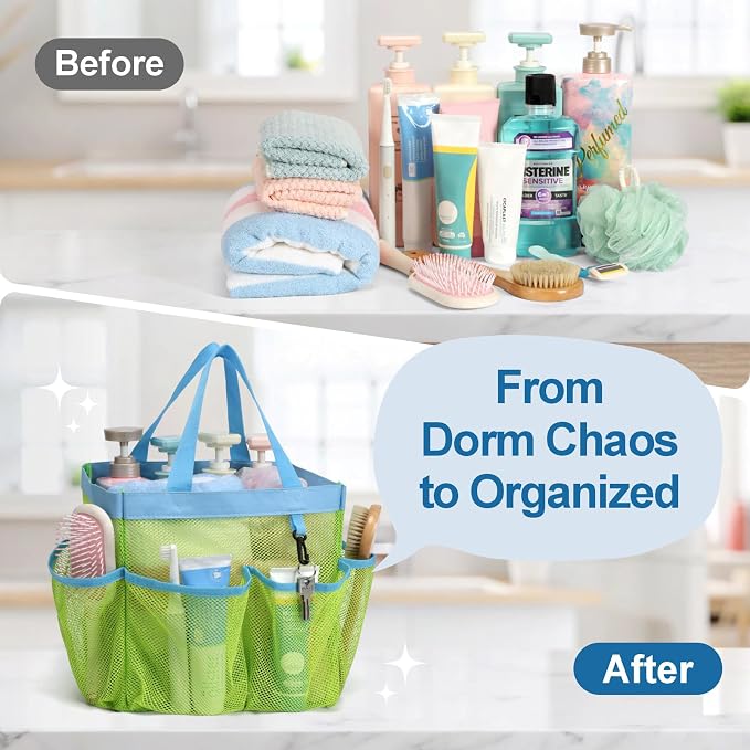 Mesh Shower Caddy Portable - 8 Pockets, S-Hook, Shower Bag for Dorm Camping | 2-Handle, Quick-Dry, Toiletry Organizer, College Dorm Room Essentials for Girls, Gym, Travel & Bathroom, Fluorescent Green