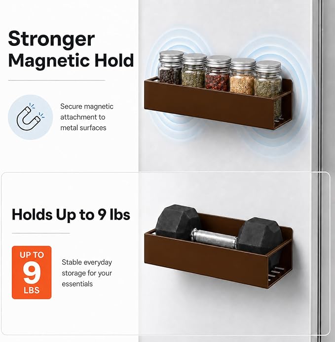 SMRCAD 6 Pack Metal Magnetic Spice Rack for fridge, Heavy Duty | Iron + Magnet | Holds 9 lbs per shelf | Full-back magnets | Screws included | Climate Pledge Friendly