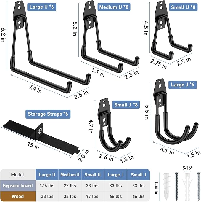 Garage Hooks, Anti-Slip Heavy Duty Wall Mount Hooks, 42-Pack | Hanging Storage for Bikes, Ladders, Hoses, Ropes, Garden Tools - For Warehouse, Workshop, Shed, Shop, Yard