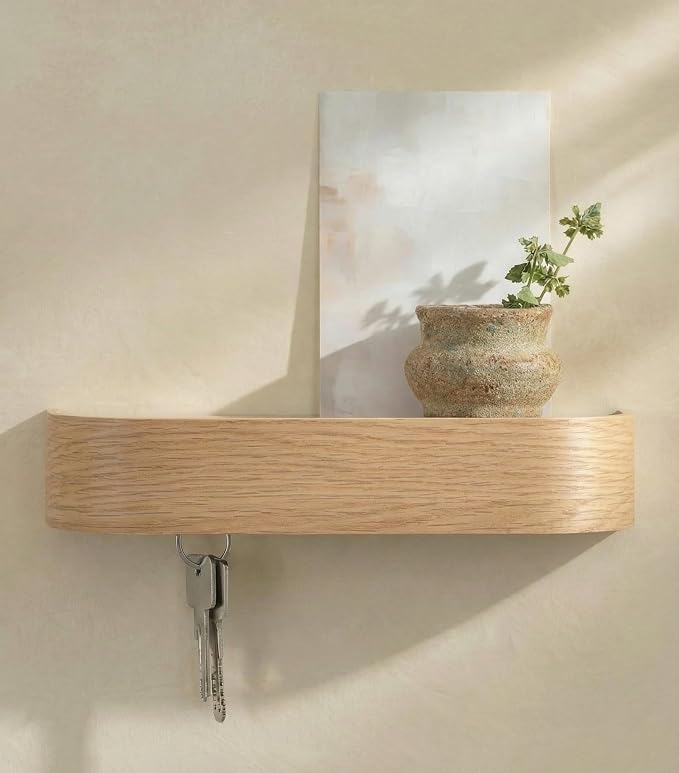 Kazai. Key Holder 'Toke' | Minimalist Key Hook Design from Berlin | Modern Key Holder Wall Mount with Wooden Shelf | Key Rack for Wall as Entryway Organizer | Oak, White