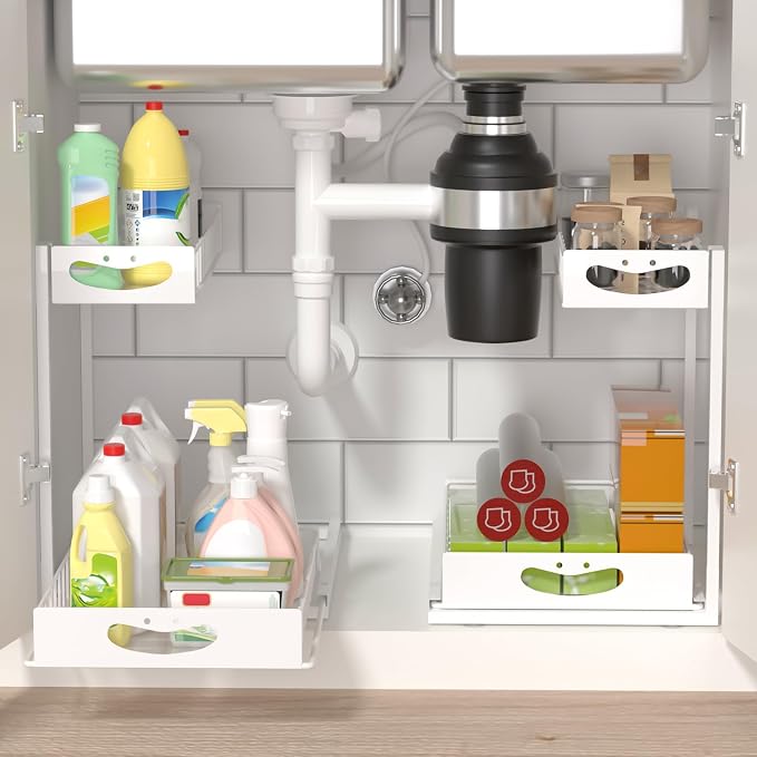 Under Sink Organizer with Pull-Out Drawers,Kitchen Sink Organizer,2 Tier Bathroom Organizers And Storage,Bathroom Accessories Set,White 2 Pack