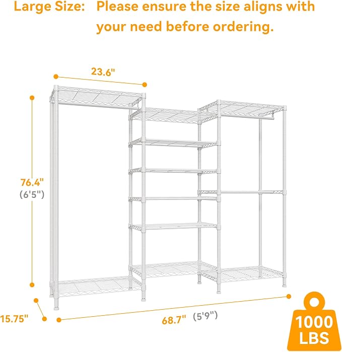 Higeego H12 Heavy Duty Clothes Rack, White | Freestanding Clothing Rack with 10 Adjustable Shelves, Shoe Rack, 3 Hanging Rods, 15.7" D x 68.7" W x 76.4" H