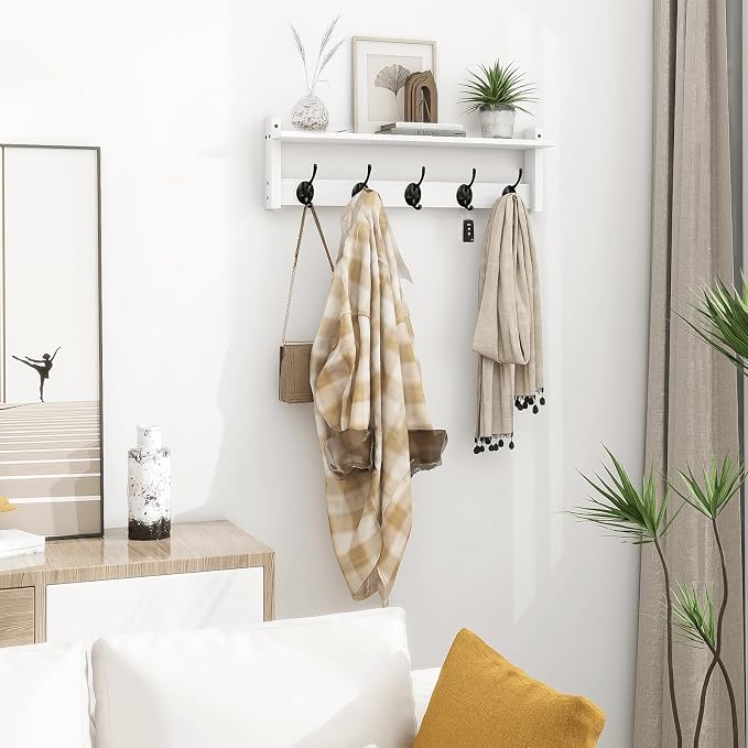 Homode Coat Rack with Shelf Wall Mount, 24 Inch Long Wall Shelf with Hooks Underneath, Wood Hanging Coat Hanger with Hat Shelves for Entryway, Bathroom, Mudroom, White
