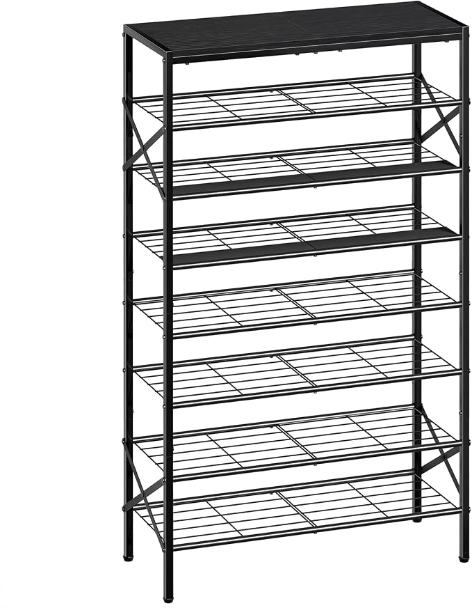 8 Tier Metal Shoe Rack with Wood Top, 24-32 Pairs Black | 52in tall maximizes vertical space. 2 iron sheets for heels. Remove a layer for tall boots. Versatile for home.