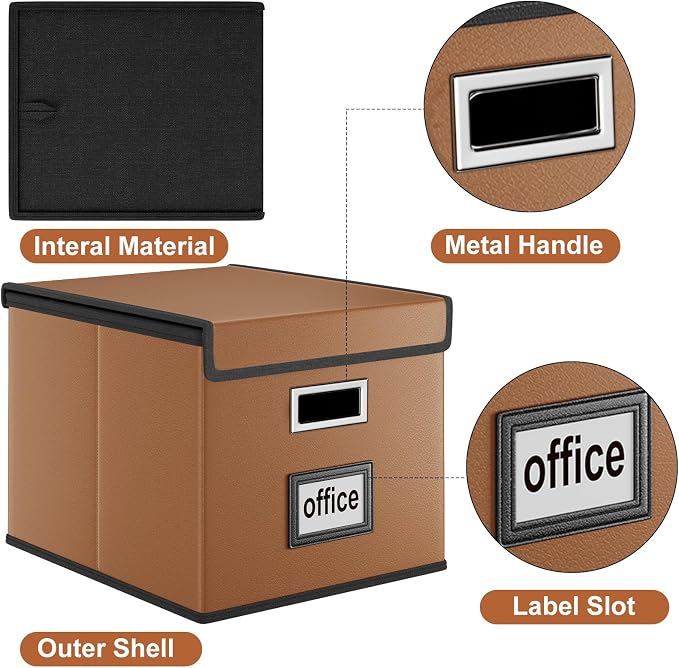 File Organizer Box with Lids, Collapsible File Folder Organizer | File Box with Plastic Slides for Document, Filing Bin for Letter Size Hanging File Folders (2 Pack, Caramel, Leather)