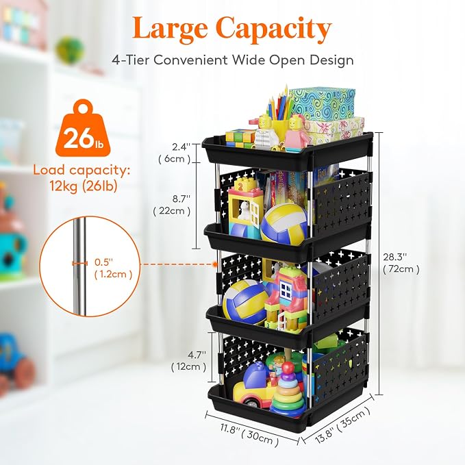 Lifewit 4 Tier Plastic Stackable Storage Baskets for Clothes 2 Pack, Black | Stacking Bins for Food, Multifunctional Organizer for RV, Kitchen, Playroom, Pantry and Bathroom