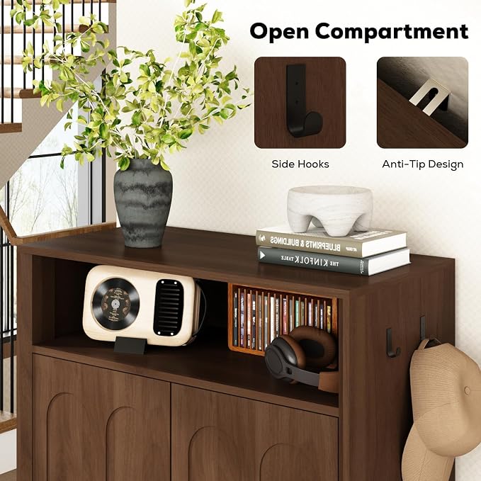 Shoe Cabinet with Arched Doors, 43" Hidden Shoe Storage, Walnut | Tall Large, Adjustable Shelves, 5-Tier Mid Century Modern Shoe Rack Organizer, for Entryway Hallway Living Room