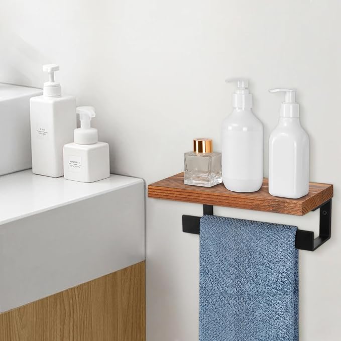 Hand Towel Holder/Towel Ring with Wooden Shelf, Hand Towel Rack, Hand Towel Hanger for Bathroom, Bath Accessories Wall Mounted, (Matte Black, 9"-Squ Shaped)