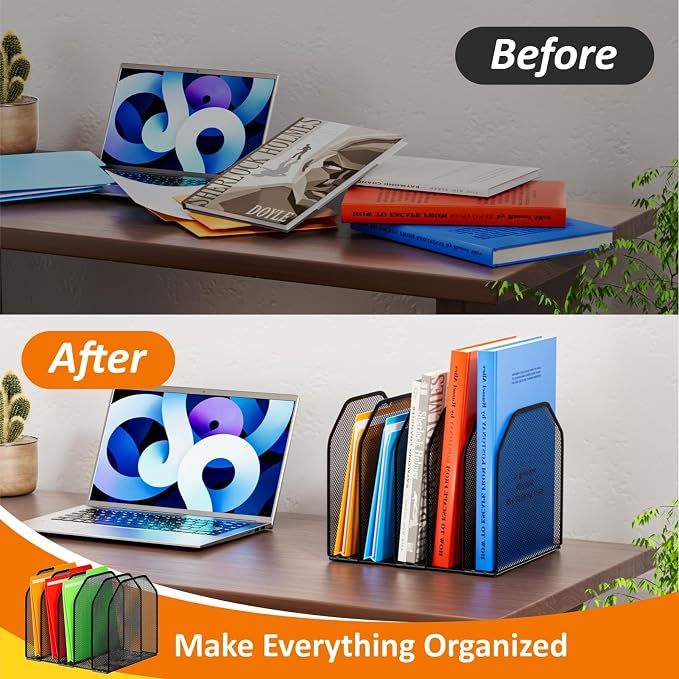 Desk File Organizer, Adjustable 5 Sections Upright Desktop File Sorter | Sturdy, Metal, Mesh, Vertical, Bookshelf, File Holder, Workspace Accessories, for Home,School,Office Classroom,Black