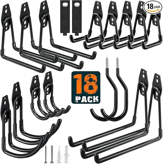 HUPBIPY 18 Pack Garage Hooks Heavy Duty, Wall Mount Ladder Hooks | Storage Organizer With a non-slip coating for Hanging Bicycles Garden Tools Ladders Hoses Ropes and Loose Items(Black)