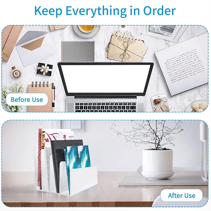 White Acrylic File Organizer - 4 Sections Desk Holder Sorter for Office Supplies, Electronics, Notebooks and Mail