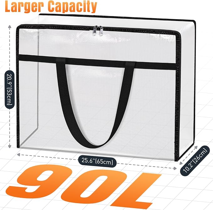 6 Packs 90L Clear Under Bed Storage Containers, Large Clothes Storage Bags | Heavy Duty Large Capacity Foldable Moving Bags with Sturdy Handles, Clothing Organizer Totes for Bedding Comforter Sheet