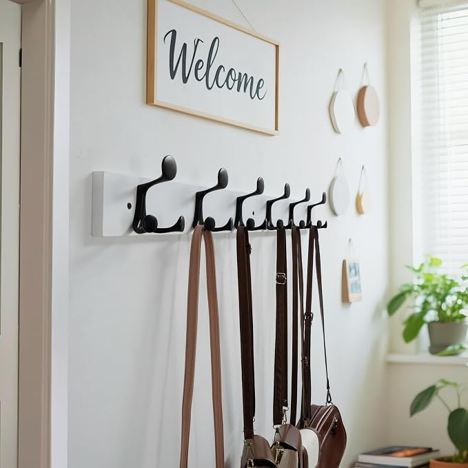 WEBI Coat Rack Wall Mount,36" Solid Wood Coat Hooks Wall Mounted Coat Hanger,16" Hole to Hole,Heavy Duty Hook Rack Rail,6 Triple Hooks for Hanging Coats,Jacket,Clothes,Hat,Backpack,White,2 Packs