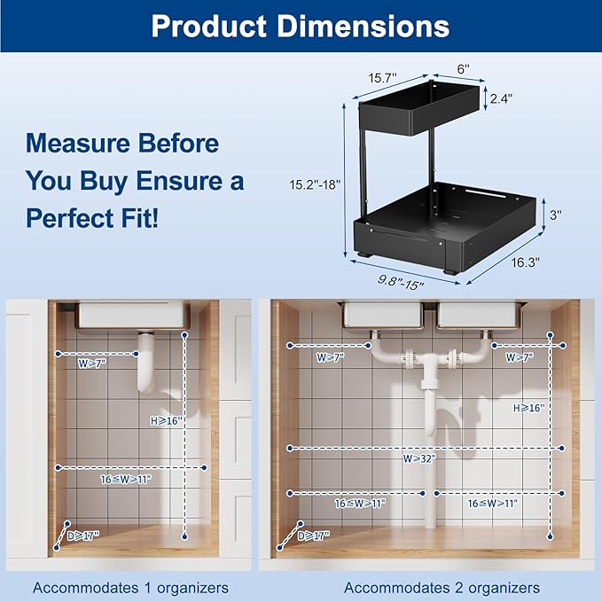 Insputer 2 Pack Under Sink Organizer, 2 Tier Under Cabinet Storage Expandable Width 9.8"-15" & Height Adjustable, Thickened Pull Out Shelf for Bathroom, Kitchen, Laundry, Pantry(Black)