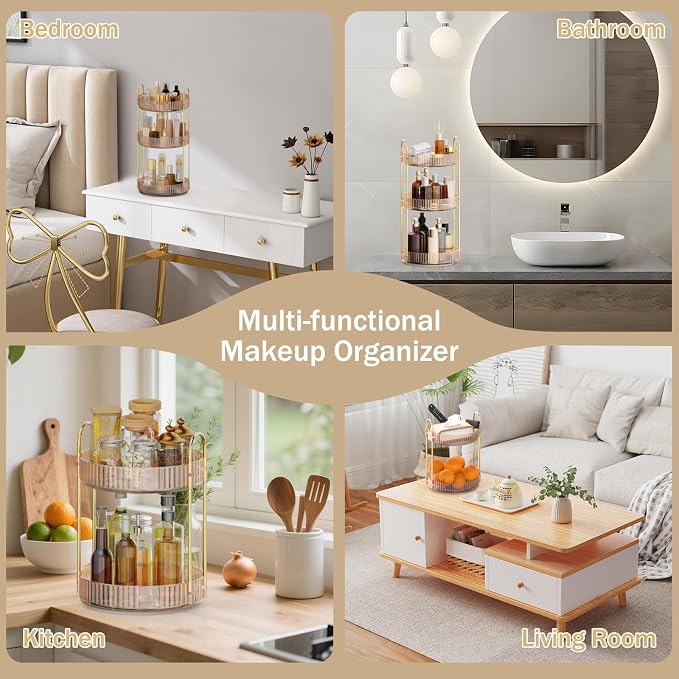 MOKANI 360 Rotating Makeup Organizer for Vanity, 2 Tier Perfume Organizer | Adjustable Multi-Function Spinning Cosmetics Skincare Storage for Bedroom, Dresser, Countertop, Amber