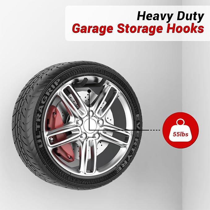 Garage Storage Hooks, Heavy Duty Steel Tool Organizer, 12.4 Inch Wall Mount Hangers Racks for Car Tires, Ladders, Chairs, Ropes and Garden Tools, 2 Pack