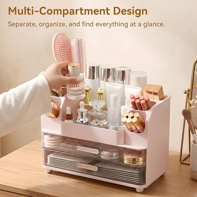 Makeup Organizer for Vanity with 2 Large Drawers and 6 Brush Holders, Pink | Large-Capacity Makeup Holder Keeps Skincare and Cosmetics Organized and Easy to Reach on Vanity or Bathroom Counters